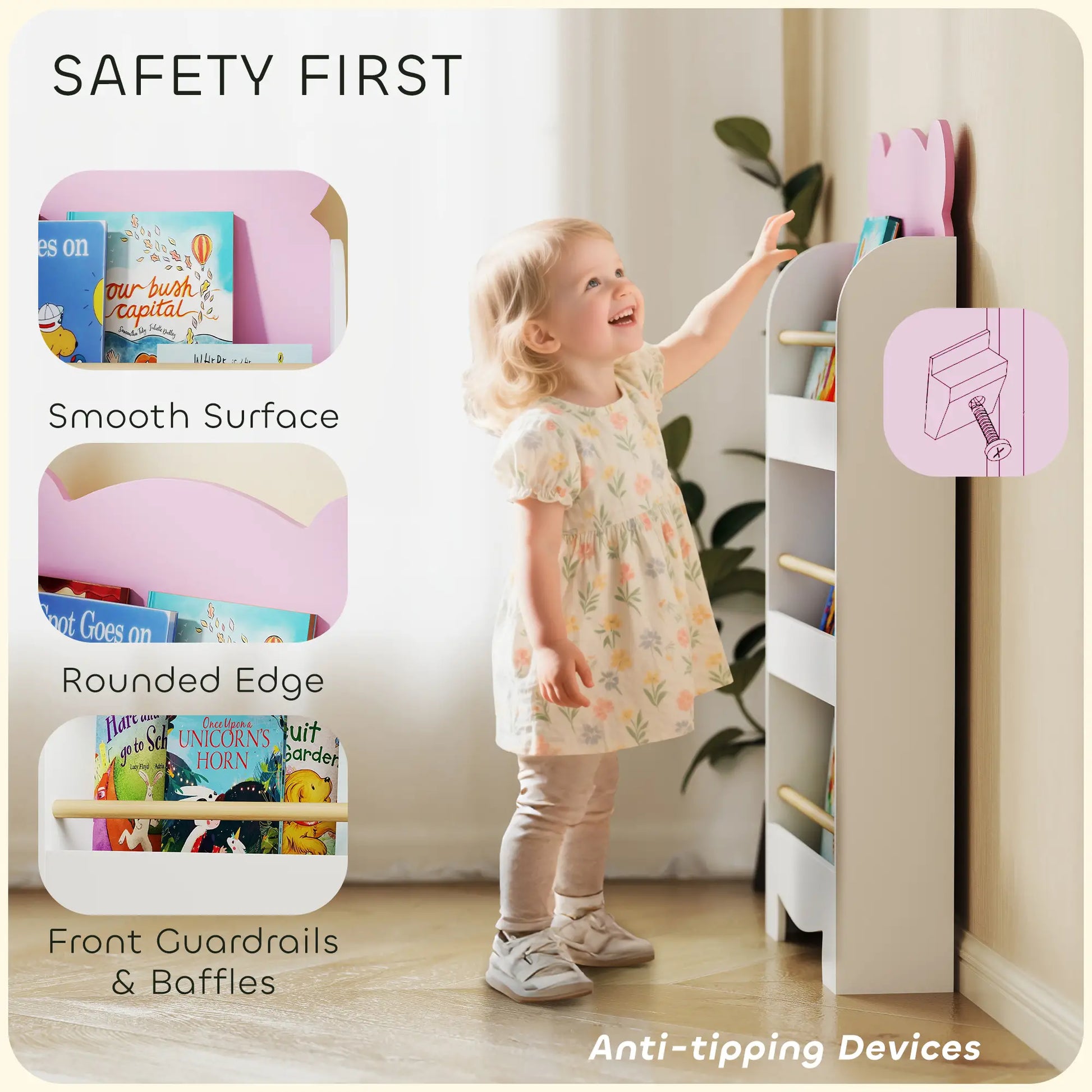 3-Tier Bear Theme Kids Bookshelf, Anti-Tip, 36.6L x 11.8W x 35.4H Inches, Pink Baby & Kids Storage at Gallery Canada