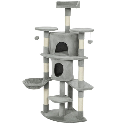 62" Cat Tree With Scratching Post, 2 Condos, Hammock, Light Grey