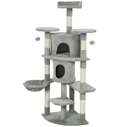 62" Cat Tree With Scratching Post, 2 Condos, Hammock, Light Grey
