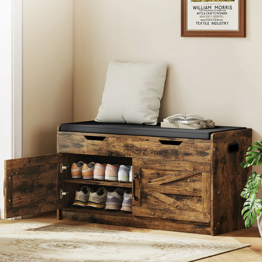 Shoe Storage Bench, 2-Tier Cabinet, Flip-Top, Padded Cushion, Rustic Brown Shoe Storage Cabinets & Racks Rustic Brown, Black at Gallery Canada