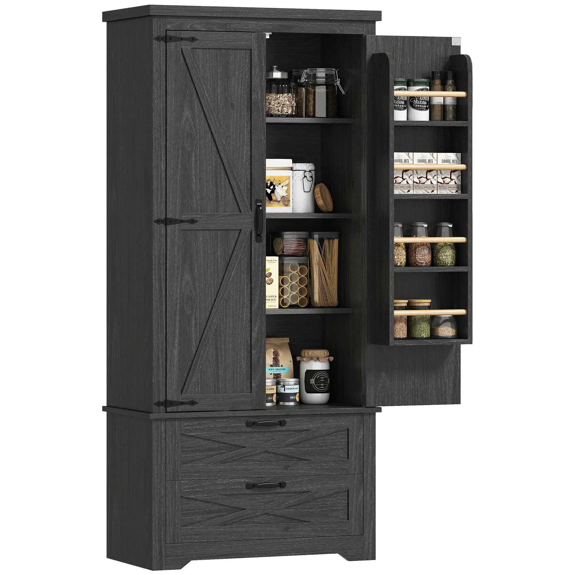 Farmhouse Kitchen Pantry Storage Cabinet, 64 Inch, Distressed Black Kitchen Pantry Cabinets at Gallery Canada