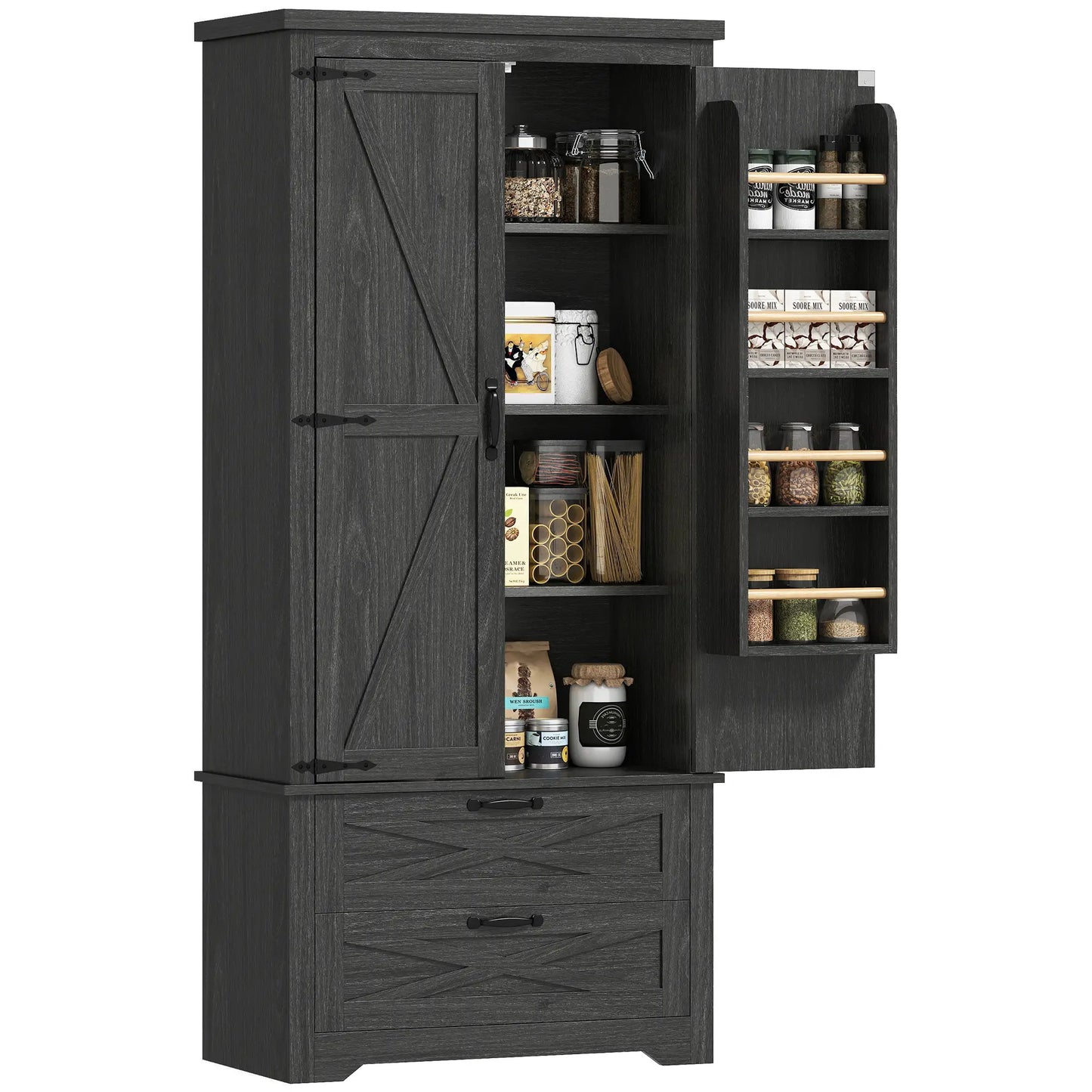 Farmhouse Kitchen Pantry Storage Cabinet, 64 Inch, Distressed Black Kitchen Pantry Cabinets at Gallery Canada