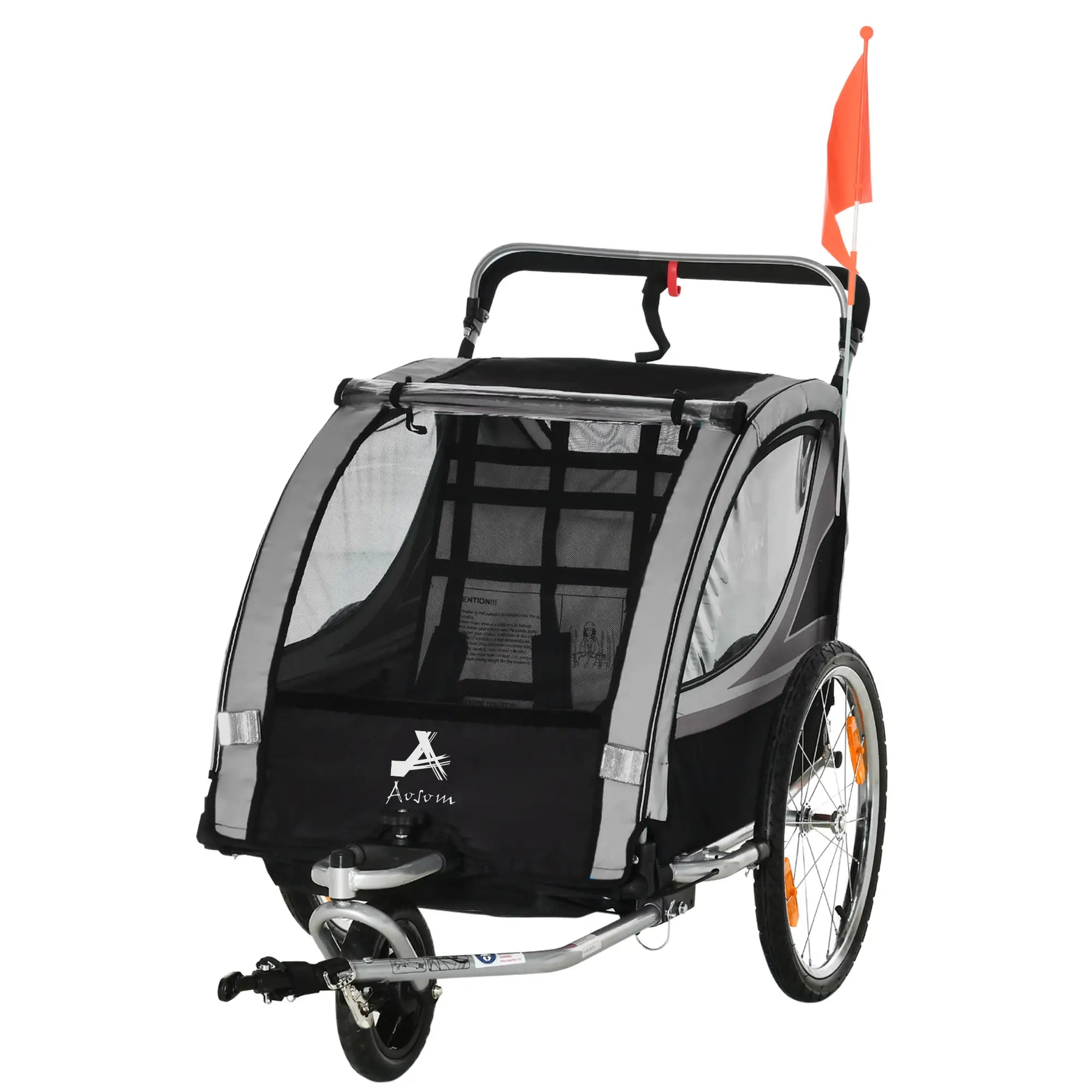2 Seat Bike Trailer, 2-in-1 Baby Stroller, Handbrake, Rubber Wheels, Grey Kids Bike Trailers Grey, Black, Silver at Gallery Canada