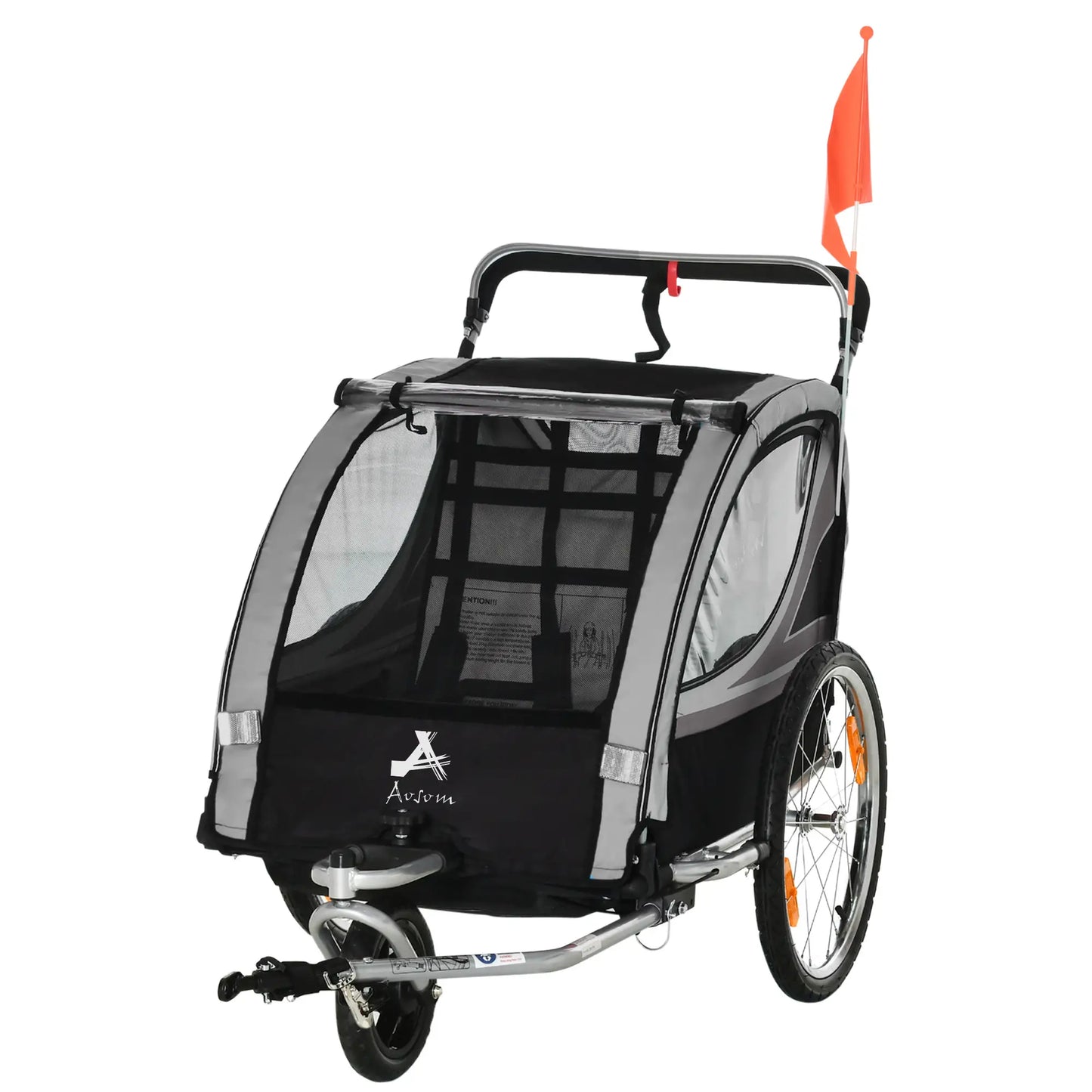 2 Seat Bike Trailer, 2-in-1 Baby Stroller, Handbrake, Rubber Wheels, Grey Kids Bike Trailers Grey, Black, Silver at Gallery Canada