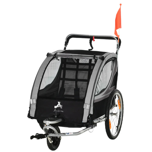 2 Seat Bike Trailer, 2-in-1 Baby Stroller, Handbrake, Rubber Wheels, Grey