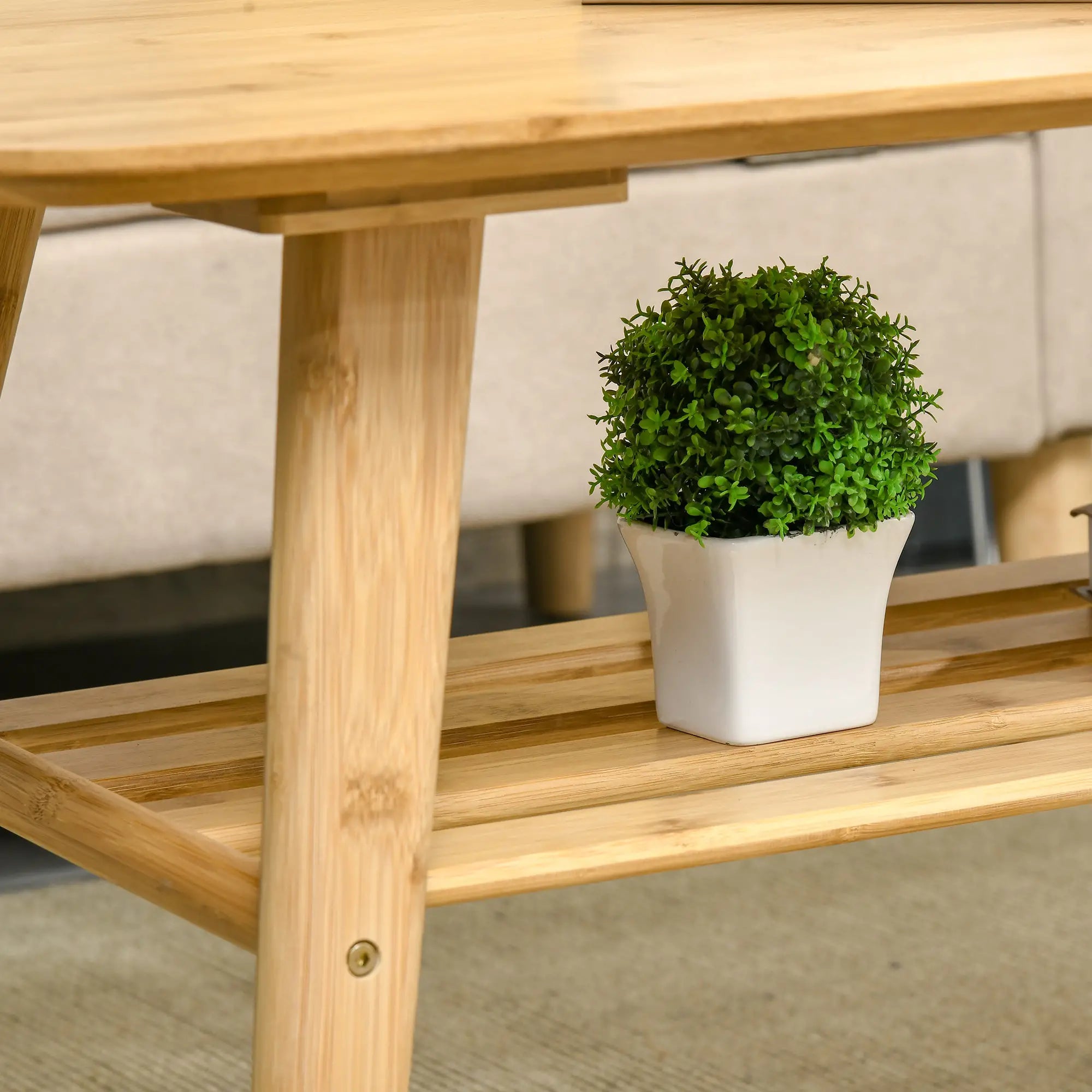 2 Tier Bamboo Coffee Table, Storage Shelf, Wood Grain, 39.25