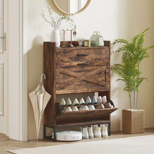 Slim Shoe Storage, 2 Flip Drawers, Adjustable Shelves, 12 Pair, Rustic Brown
