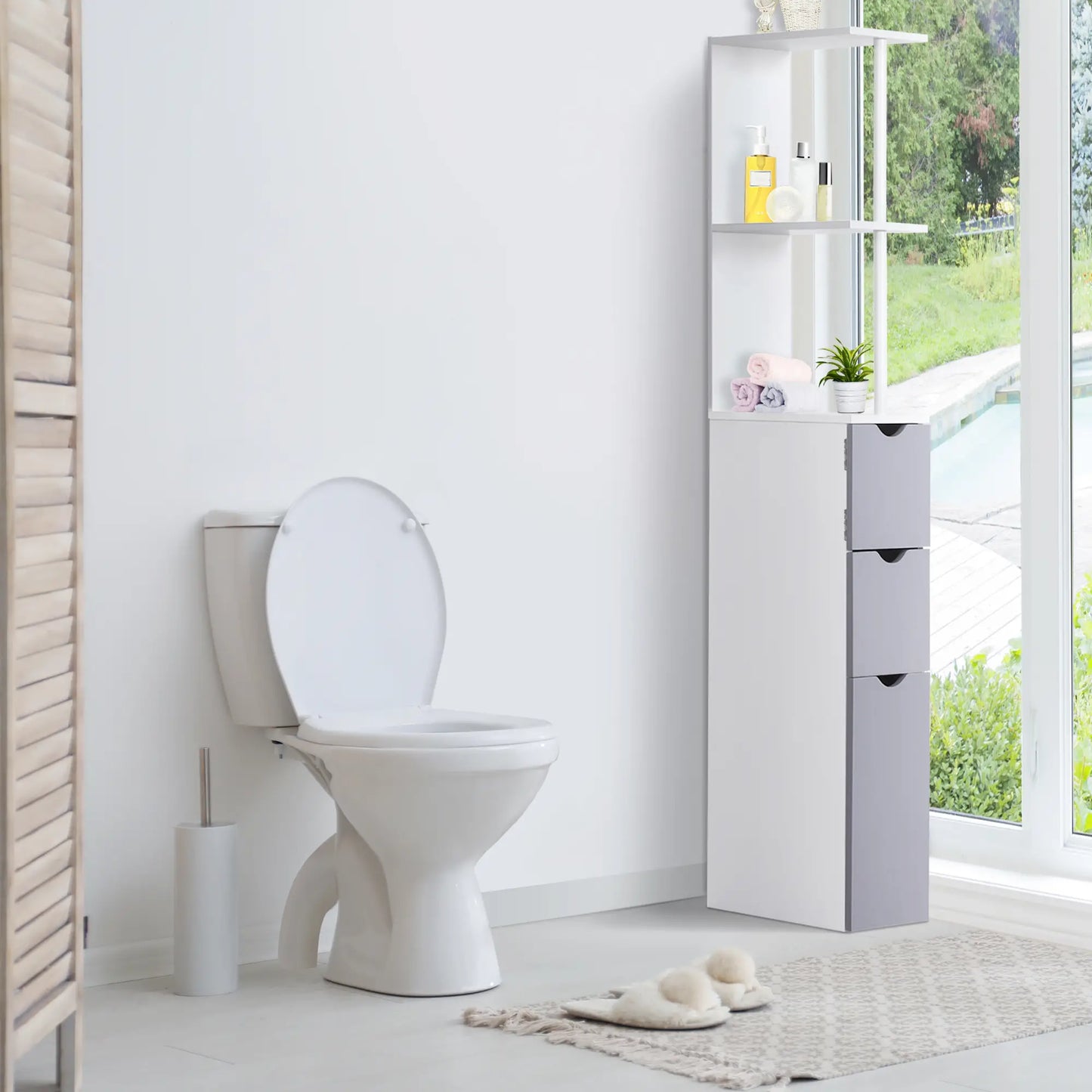 Tall Narrow Bathroom Storage Cabinet with Drawers, Open Shelves, White Grey Bathroom Cabinets at Gallery Canada