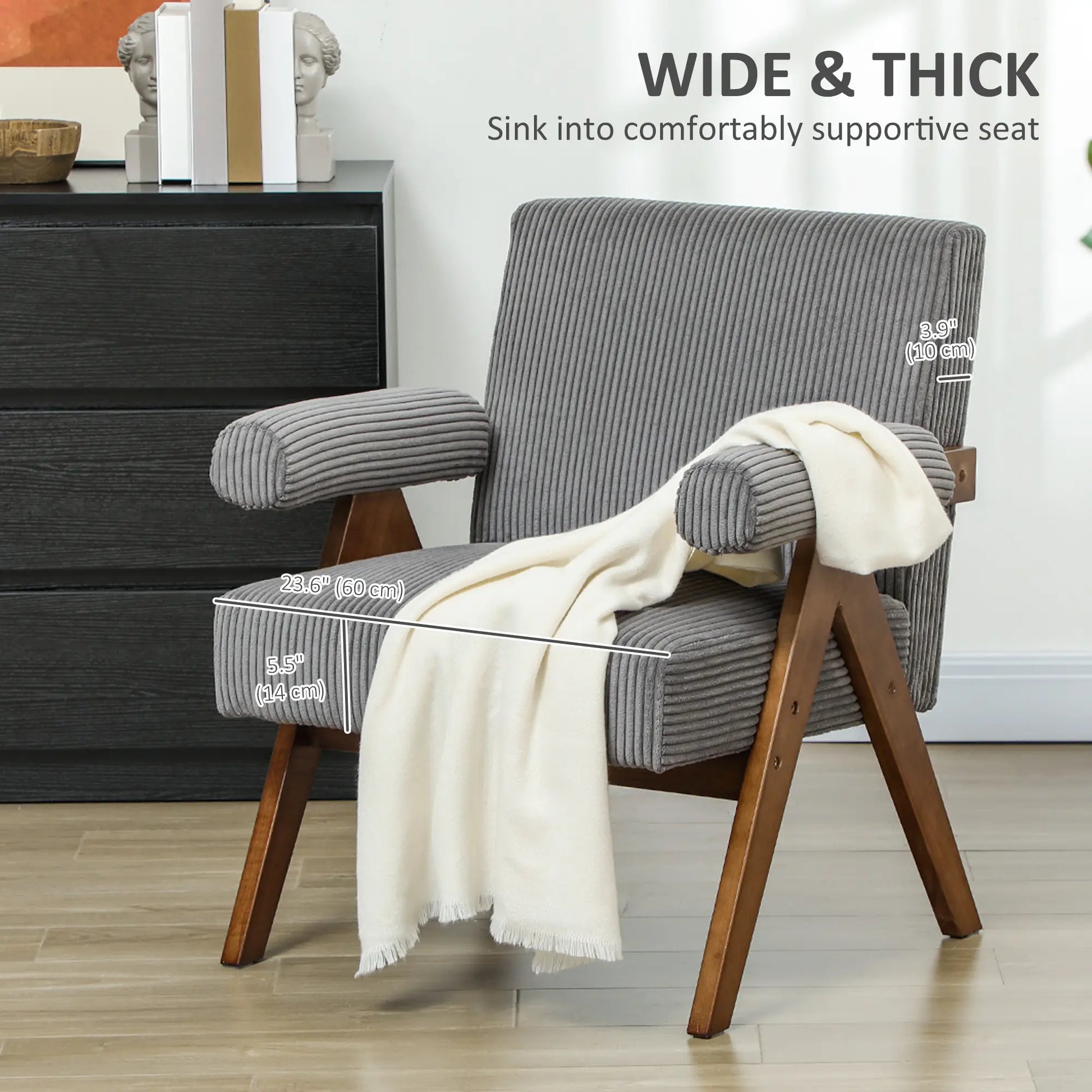 Corduroy Accent Chair, Wide Seat, Soft Padded Armrests, Dark Grey Accent Chairs at Gallery Canada