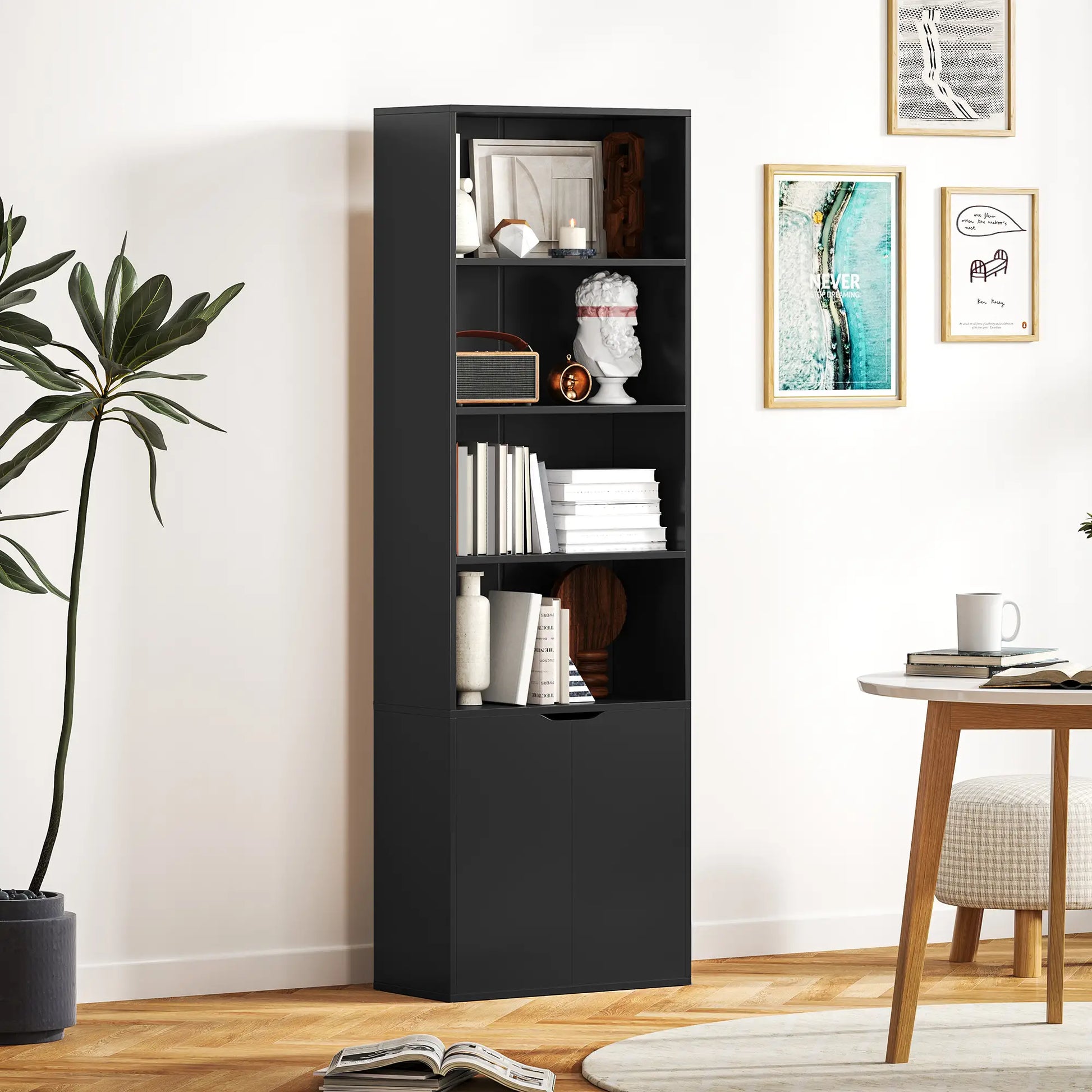4-Tier Open Bookshelf with Doors, Home Office Storage, Black Bookcases With Doors at Gallery Canada