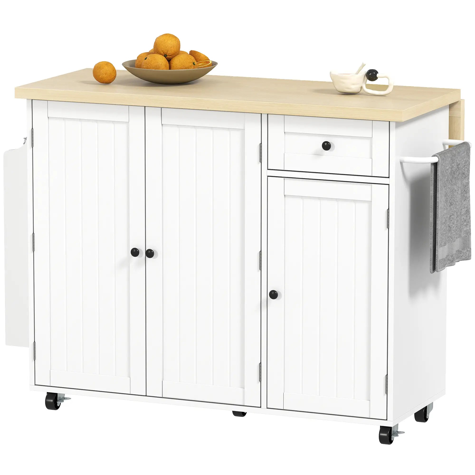 Kitchen Island Cart, Rolling Table with Drop Leaf, Drawer, Spice Rack, White Kitchen Islands & Kitchen Carts White, Natural at Gallery Canada