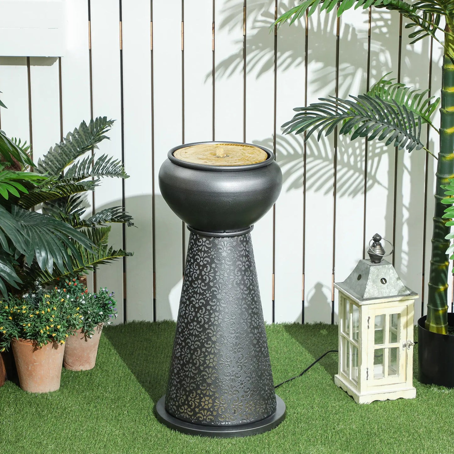 28" Tall Outdoor Water Fountain with LED Lights, Adjustable Flow, Dark Grey, Yellow Water Fountains at Gallery Canada