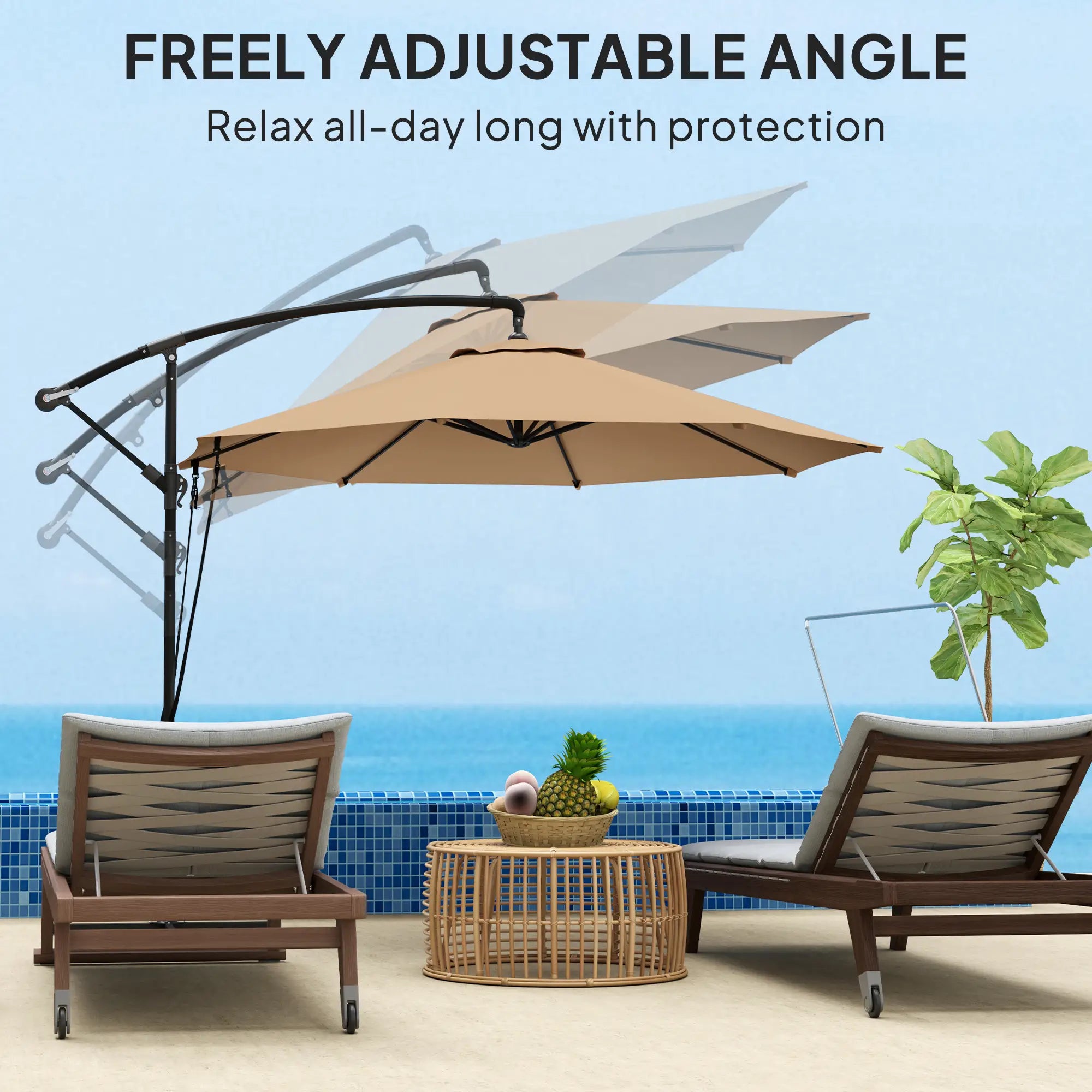 9.5' Cantilever Umbrella With Wind Strap, Cover, Crank, Cross Base, Khaki Offset Cantilever Umbrellas at Gallery Canada