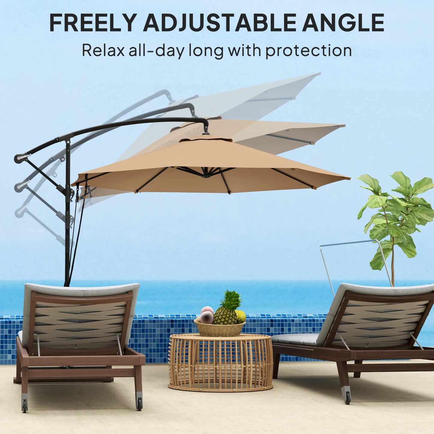 9.5' Cantilever Umbrella With Wind Strap, Cover, Crank, Cross Base, Khaki Offset Cantilever Umbrellas at Gallery Canada