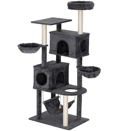 66 Inch Large Cat Tree, 2 Door Condos, 3 Hammocks, Plush Perch, Sisal Posts, Dark Grey