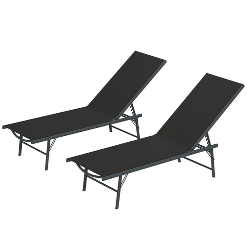 Folding Outdoor Lounge Chairs, 2 Pieces, Adjustable Back, Mesh Seat, Black