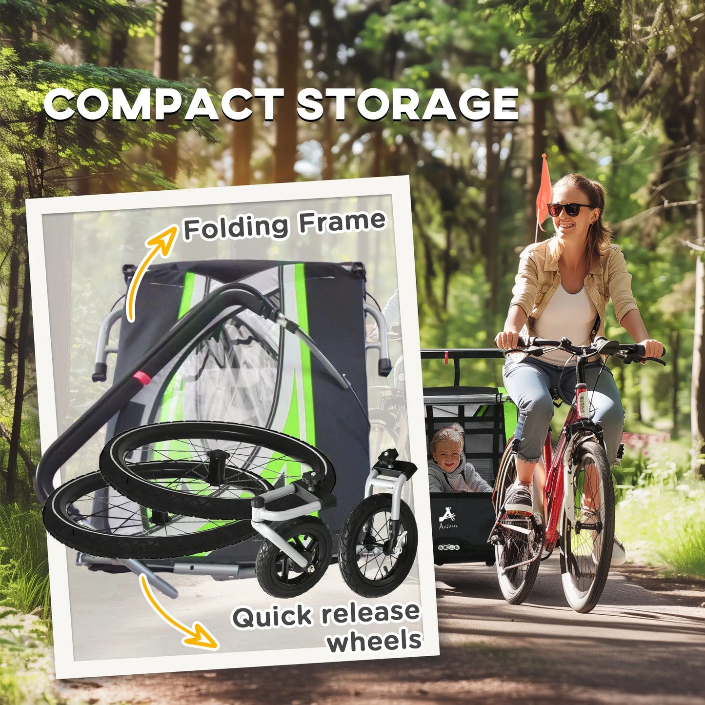 3-in-1 Bike Trailer, Running Stroller, 2 Seats, 5-Point Harness, Storage, Green Kids Bike Trailers at Gallery Canada