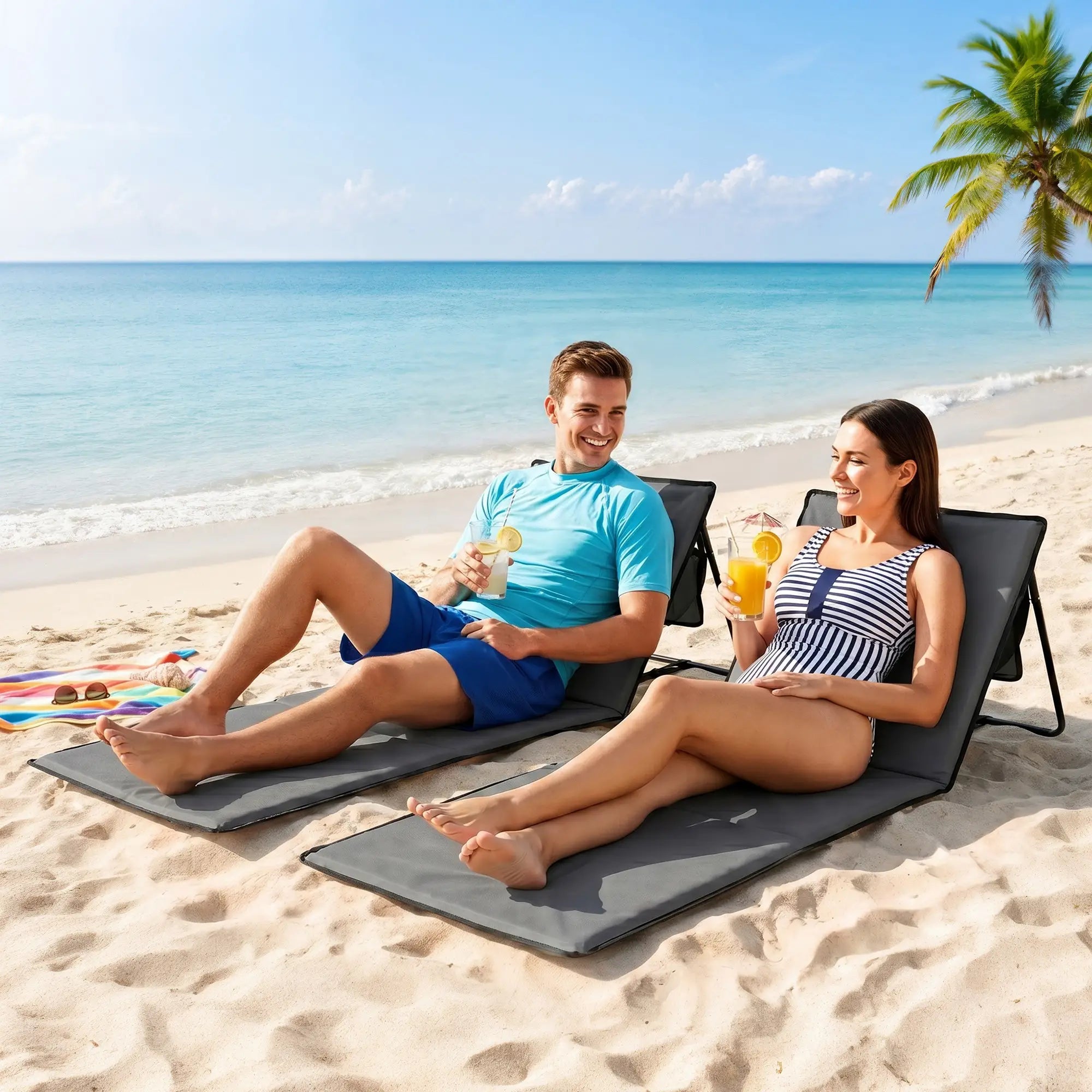 Foldable Lounge Chairs, Adjustable Backrest, Set of 2, Grey Beach Accessories at Gallery Canada