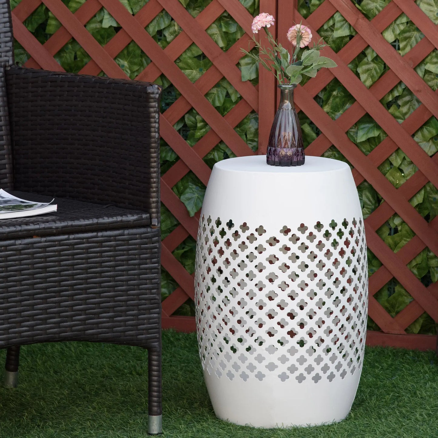 12.5" Steel Round Patio End Table, Hollow Drum Side Table, White Patio Side Tables at Gallery Canada