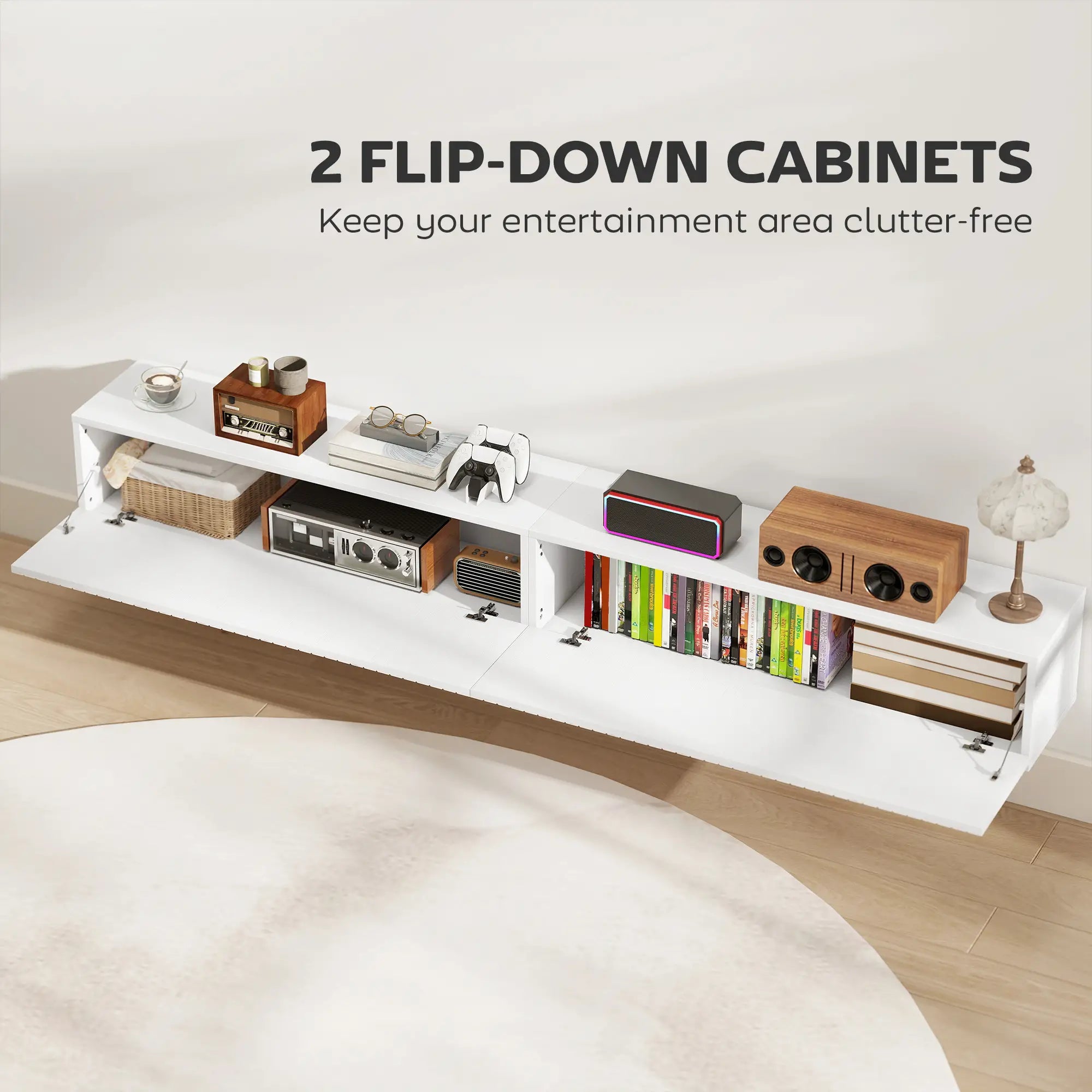 71 Inch Floating TV Stand, Wall Mount Media Console, 2 Fluted Doors, White TV Stands at Gallery Canada