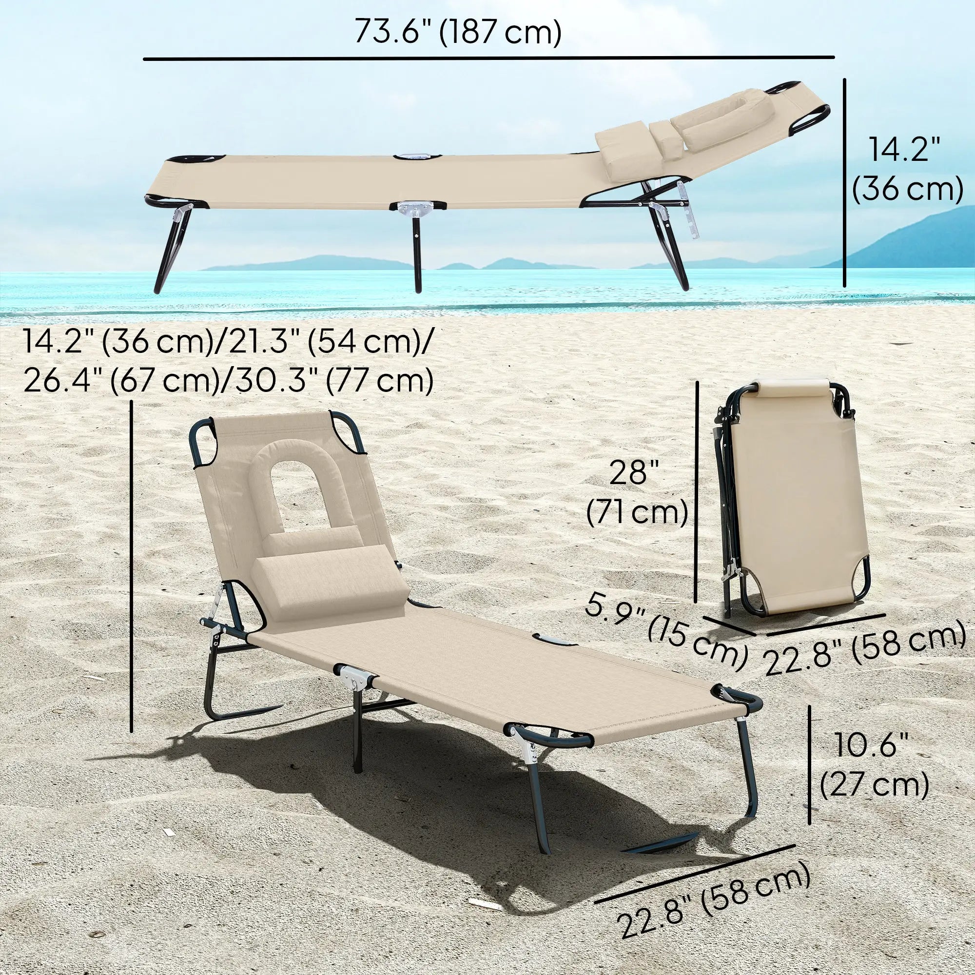 Outdoor Lounge Chair, Adjustable Backrest, Face Hole, Support Pillow, Beige Lounger Chairs at Gallery Canada