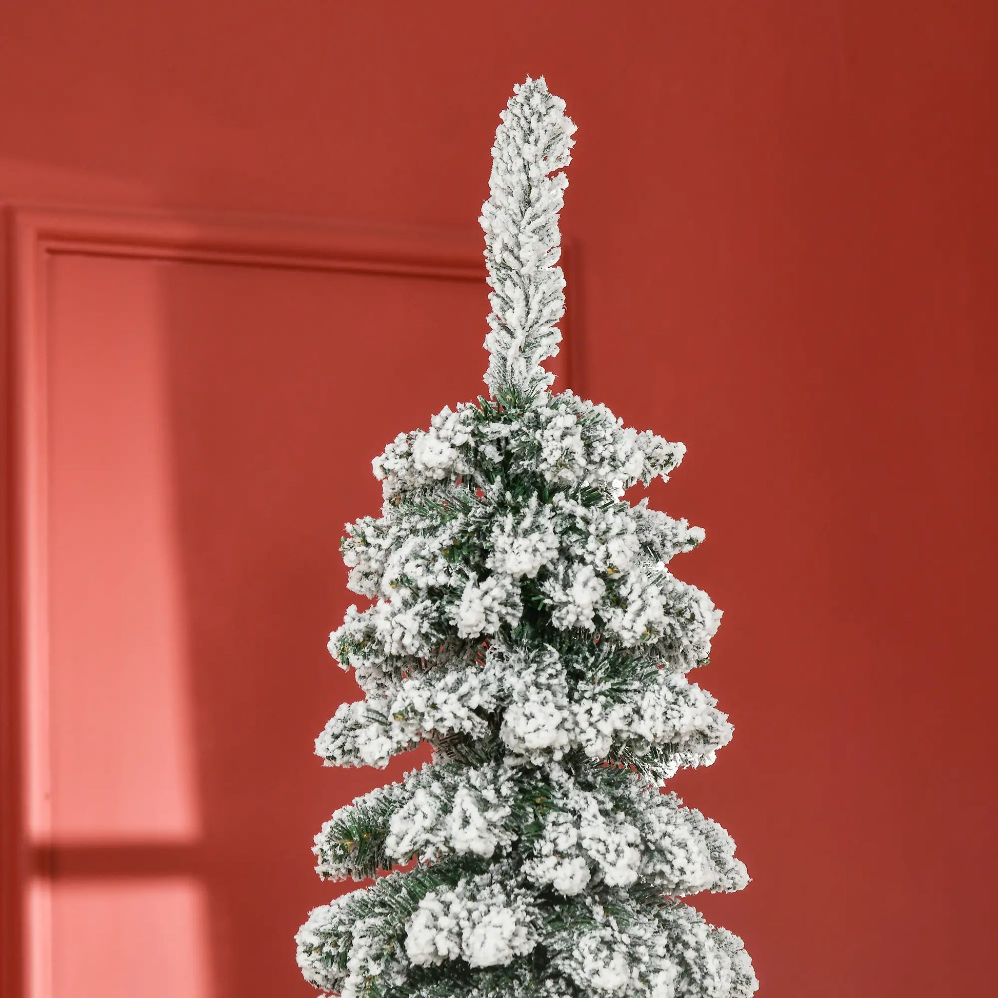 7ft Snow-Flocked Artificial Christmas Tree, Slim Pencil, 490 Branches, Metal Base, Green Pencil Christmas Trees at Gallery Canada