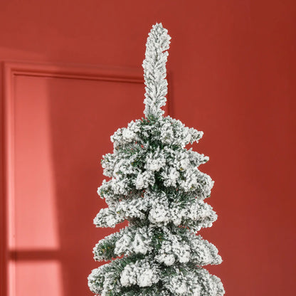 7ft Snow-Flocked Artificial Christmas Tree, Slim Pencil, 490 Branches, Metal Base, Green Pencil Christmas Trees at Gallery Canada