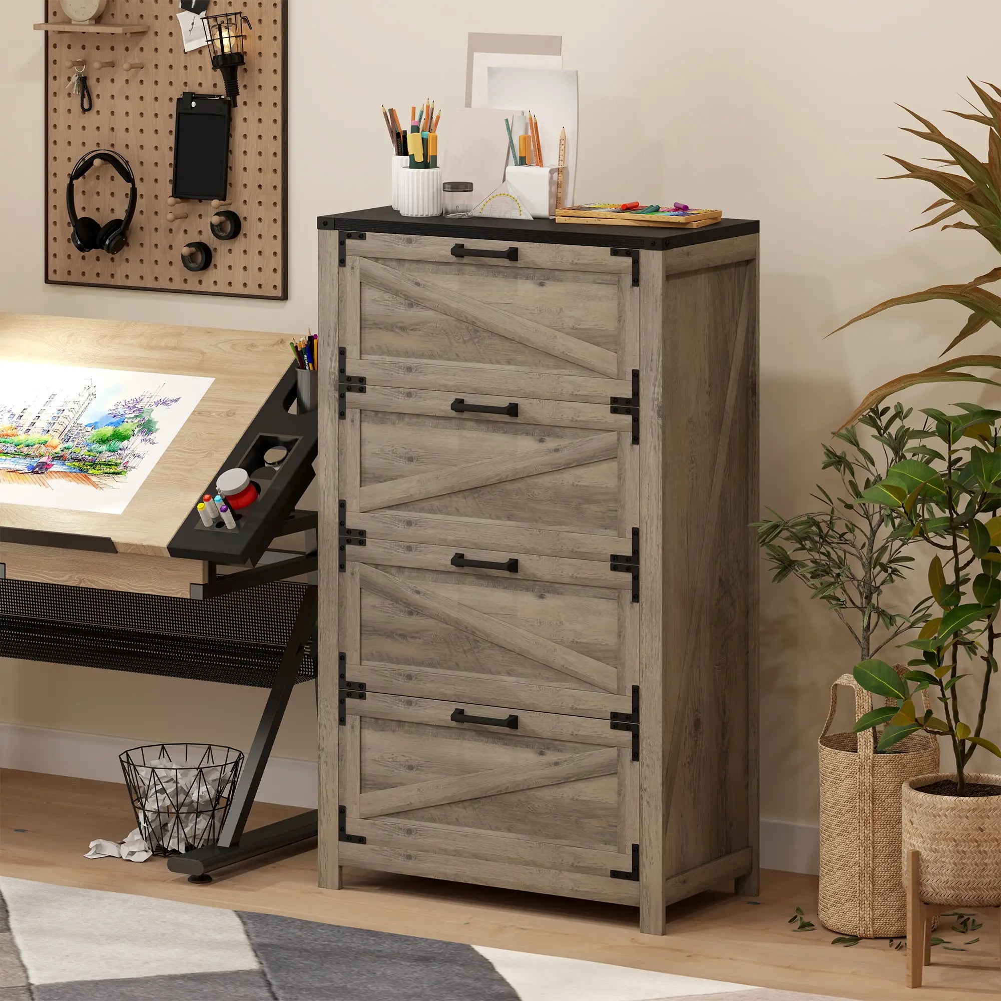 4 Drawer Filing Cabinet, Farmhouse Office Storage, Adjustable Hanging Bars, Letter, A4, Legal Size, Grey Office Cabinets & Cupboards at Gallery Canada