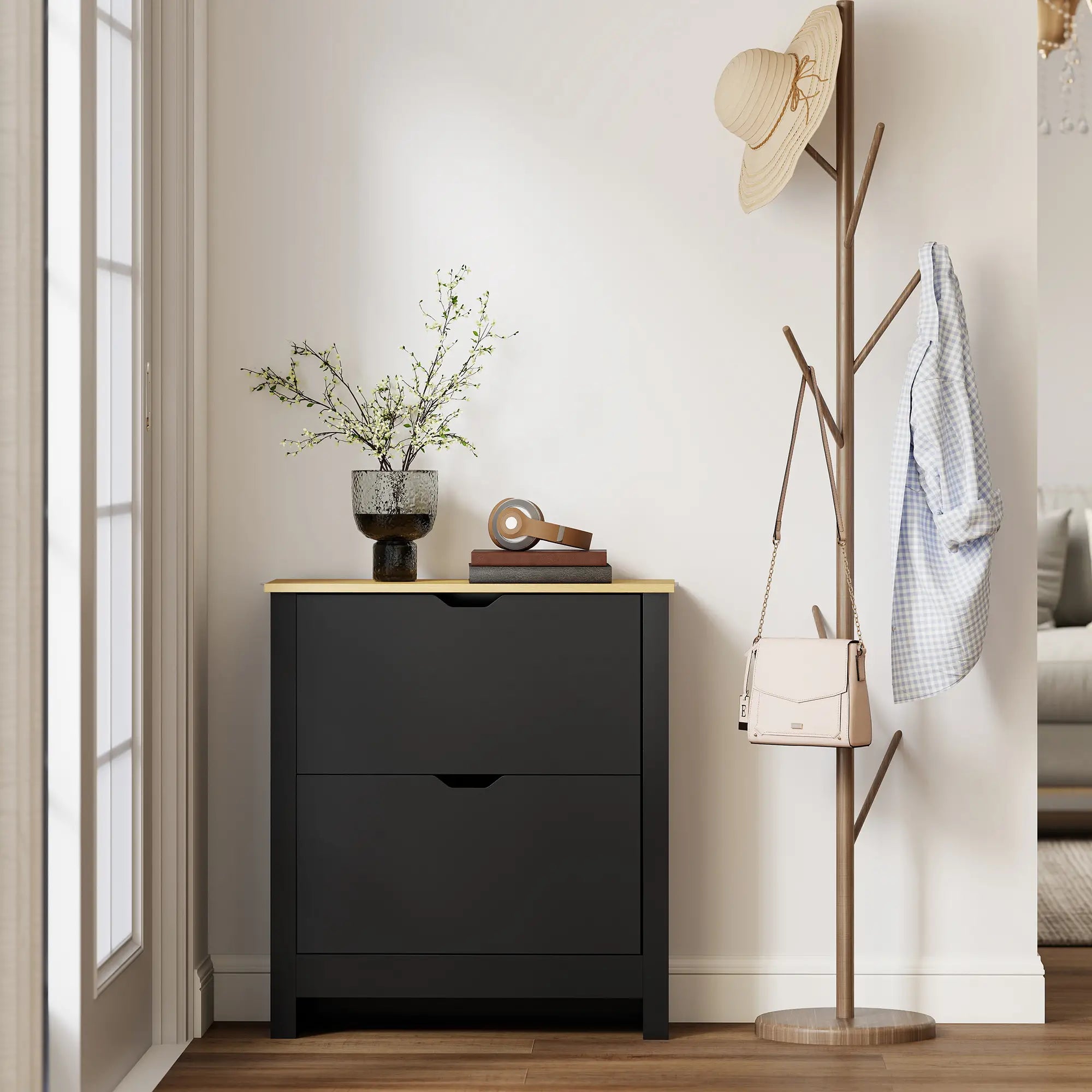 Shoe Storage Cabinet, 2 Flip Drawers, Adjustable Shelves, 8-12 Pairs, Black Shoe Storage Cabinets & Racks at Gallery Canada
