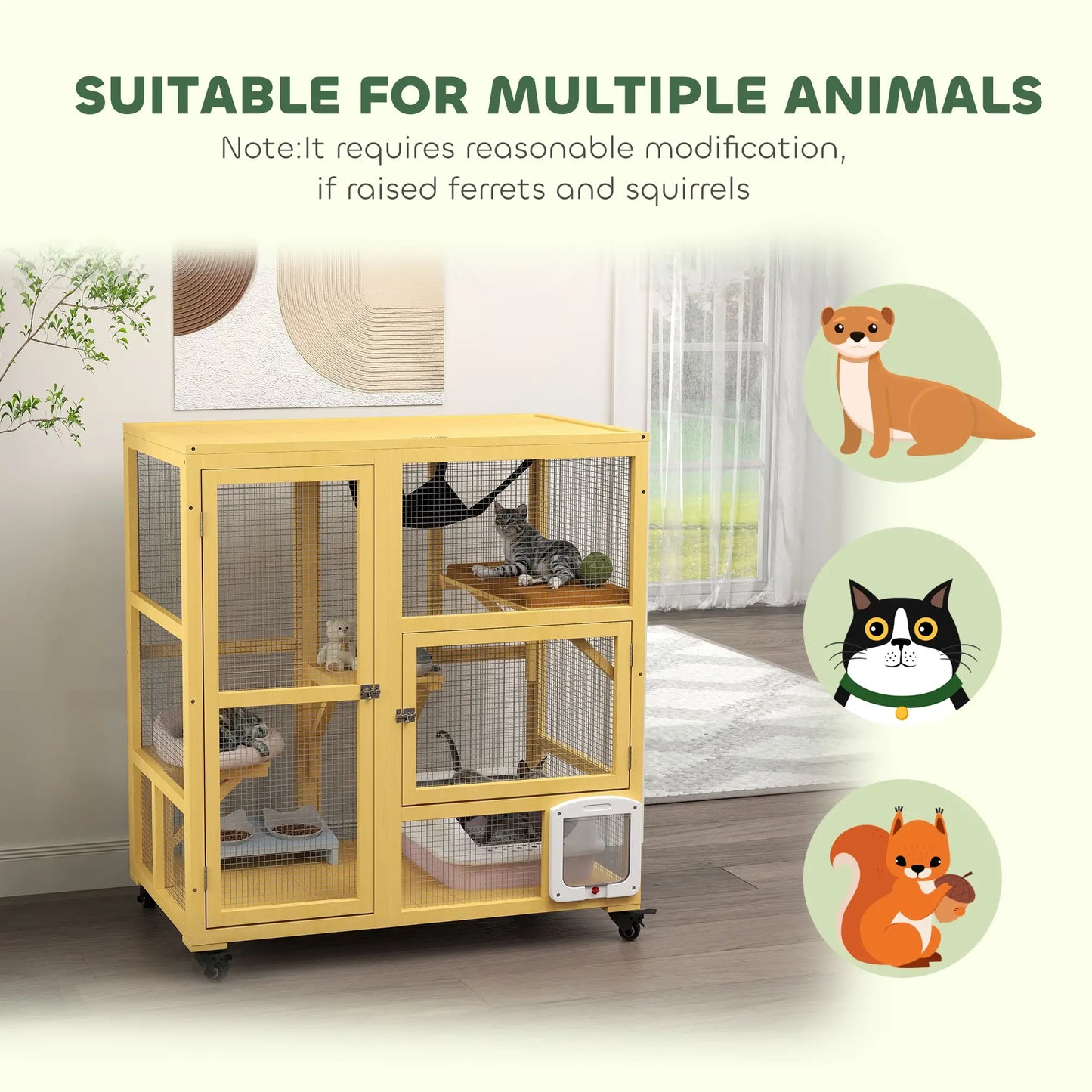 Wooden Cat Condo on Wheels, Cat Flap Door, Hammock, Openable Top, 2 Cats, Yellow Outdoor Cat Enclosures at Gallery Canada