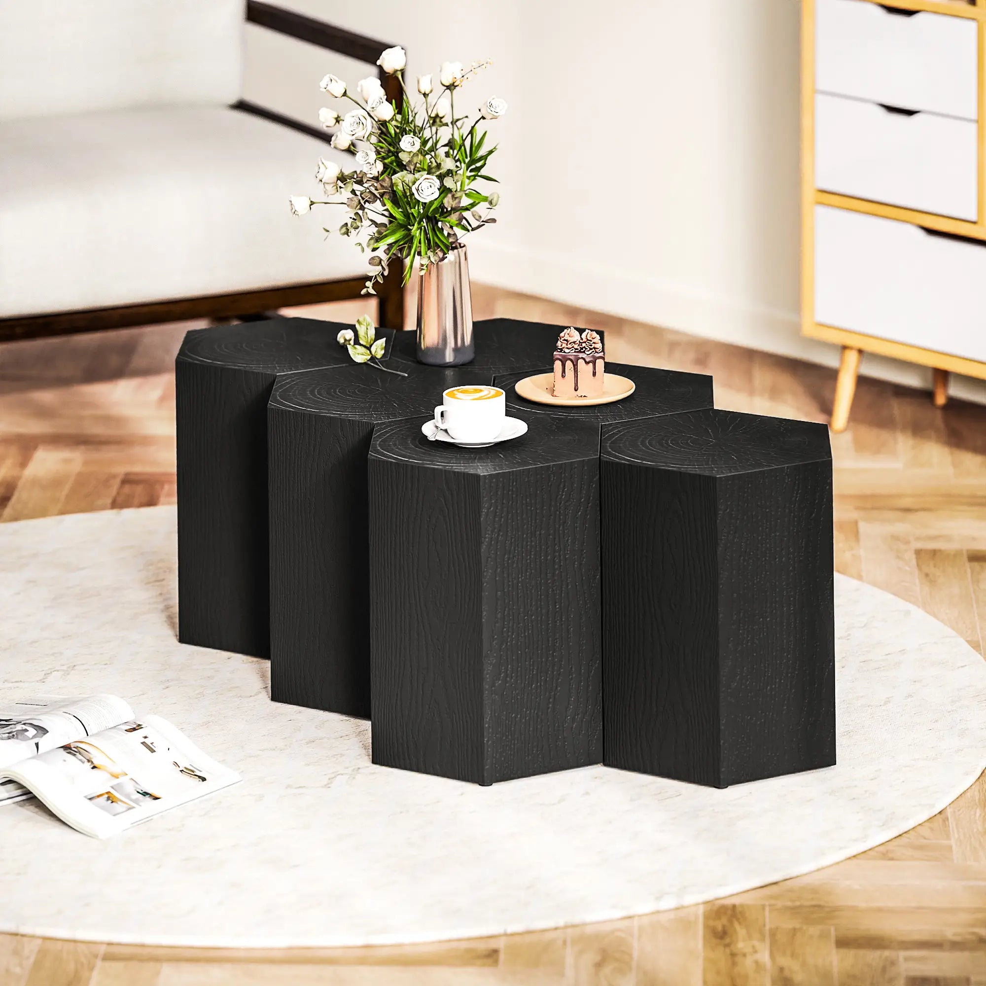 Hexagonal Side Table, Small with 4 Adjustable Feet, Indoor Outdoor, Black Side Tables at Gallery Canada