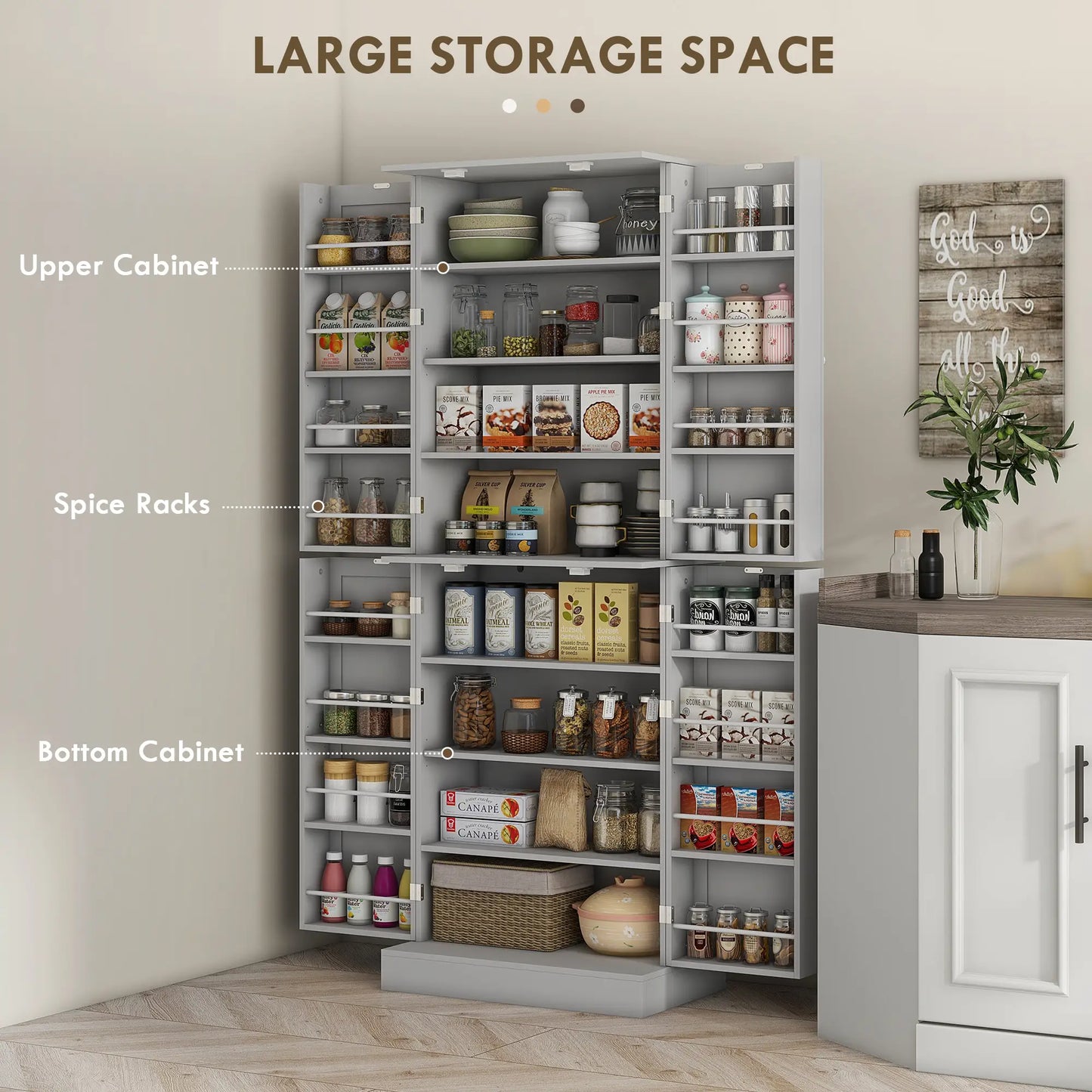 65" Kitchen Pantry Cabinet, 4 Doors, 16 Shelves, Grey Kitchen Pantry Cabinets at Gallery Canada