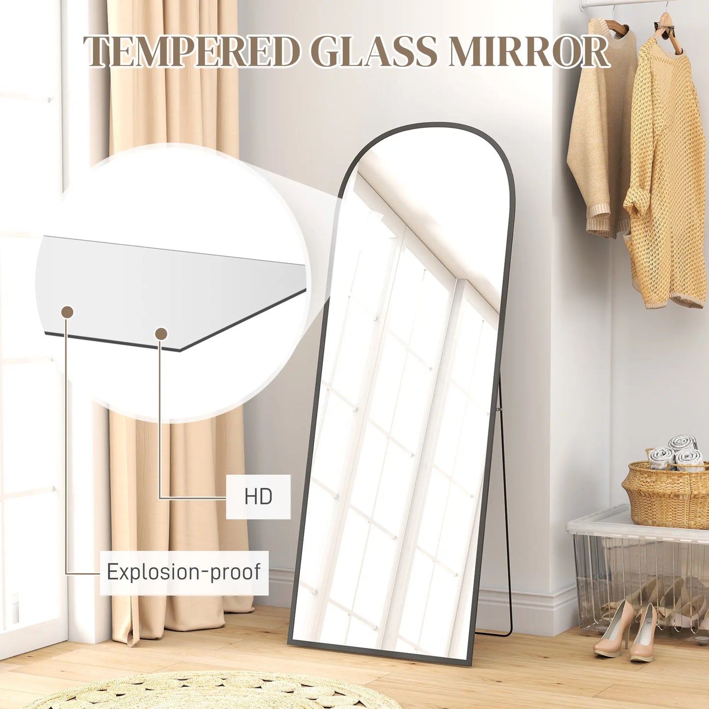 Arched Standing Mirror, 64" x 24", Full Length Mirror, Black