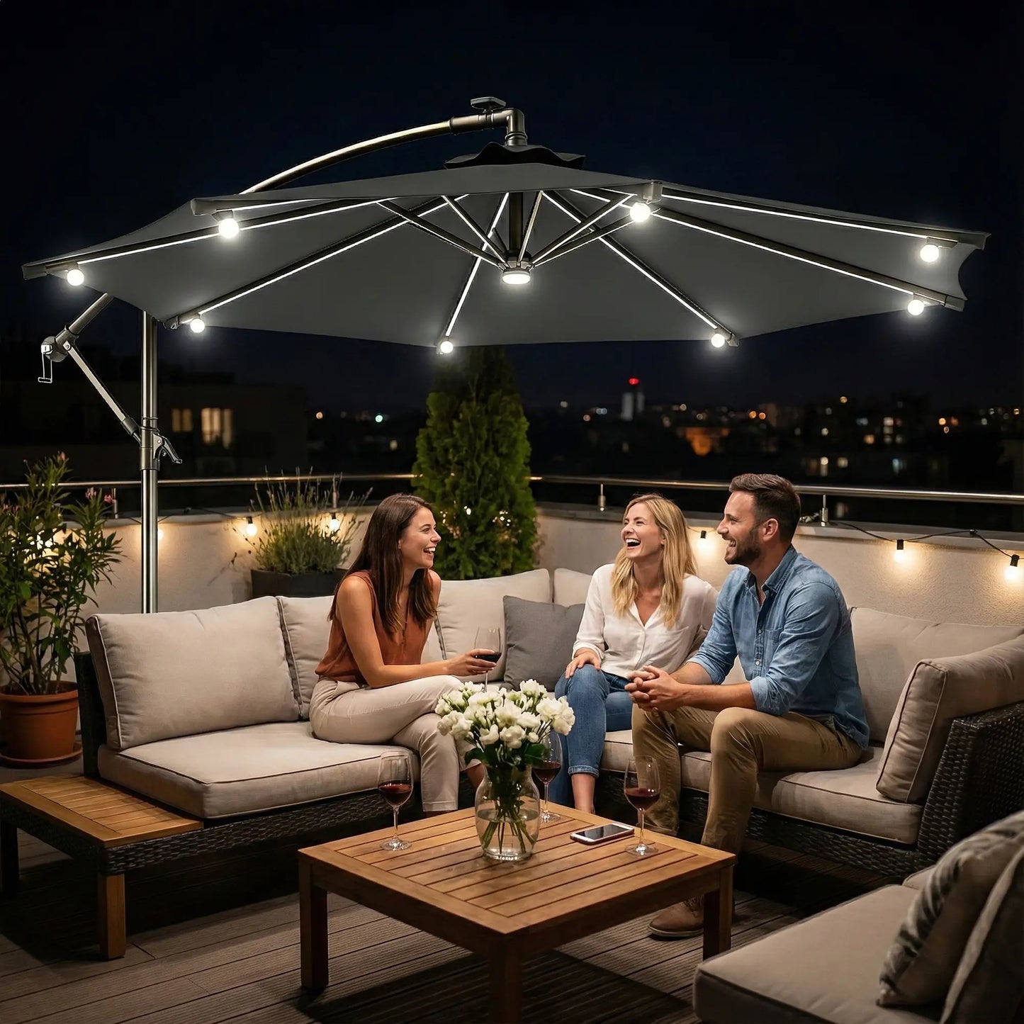 8.8FT Cantilever Patio Umbrella, Solar LED Lights, Crank Handle, Grey Offset Cantilever Umbrellas at Gallery Canada