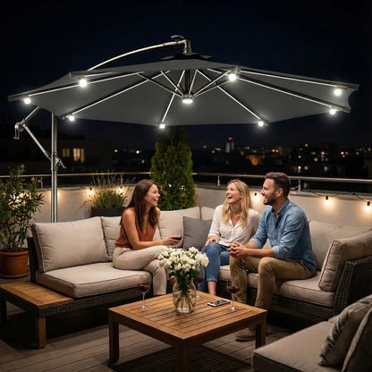 8.8FT Cantilever Patio Umbrella, Solar LED Lights, Crank Handle, Grey Offset Cantilever Umbrellas at Gallery Canada