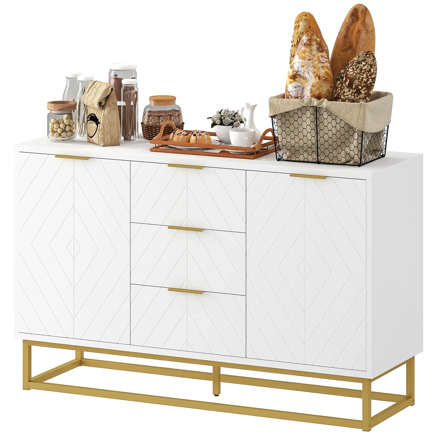 47" Sideboard Buffet Cabinet, Adjustable Shelves, Metal Legs, White Bar Cabinets White at Gallery Canada