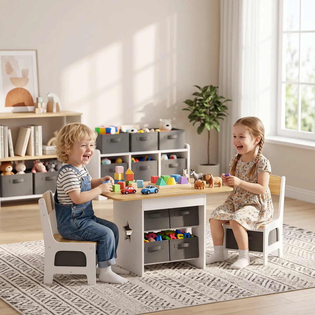 3 Piece Kids Table and Chair Set, 6 Removable Drawers, Natural Kids Table Sets at Gallery Canada