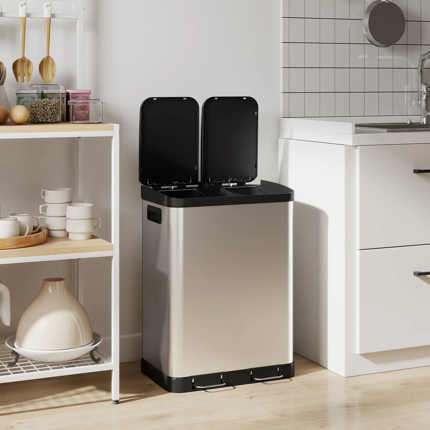 Kitchen Garbage Bin, 2 x 7.9 Gal, Soft-Close With Removable Buckets, Silver Small Kitchen Appliances at Gallery Canada