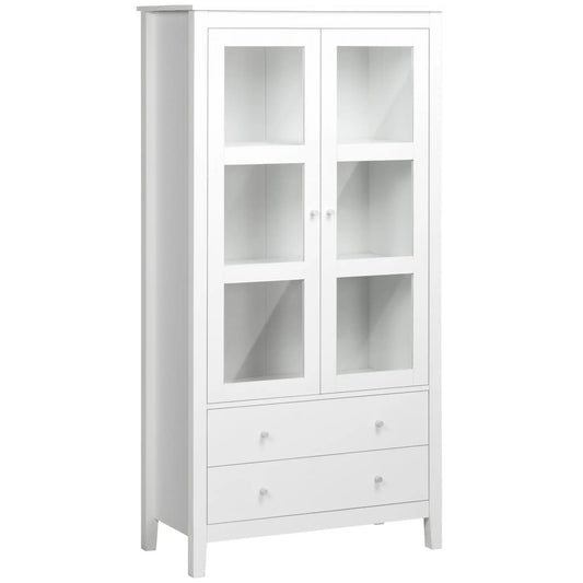 Kitchen Pantry Cabinet, Freestanding with 3-Tier Shelves, 2 Drawers, Glass Doors, White Storage Cabinets White at Gallery Canada