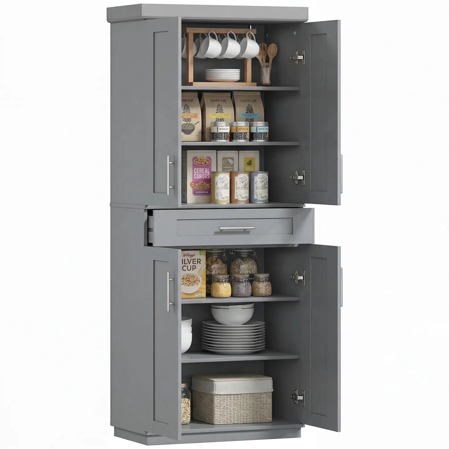 72" Storage Cabinet, Freestanding Kitchen Pantry Cabinet with 4 Doors, Drawer and 3 Adjustable Shelves, Grey Kitchen Pantry Cabinets Grey at Gallery Canada