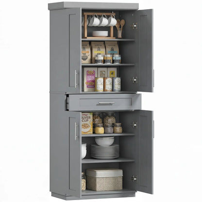 72" Storage Cabinet, Freestanding Kitchen Pantry Cabinet with 4 Doors, Drawer and 3 Adjustable Shelves, Grey Kitchen Pantry Cabinets Grey at Gallery Canada