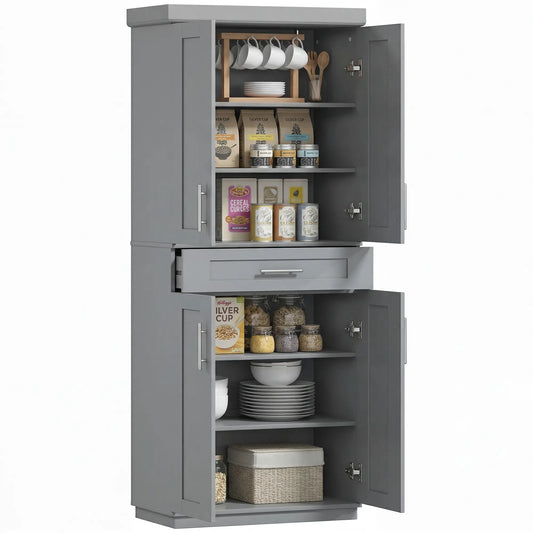 72" Storage Cabinet, Freestanding Kitchen Pantry Cabinet with 4 Doors, Drawer and 3 Adjustable Shelves, Grey Kitchen Pantry Cabinets Grey at Gallery Canada