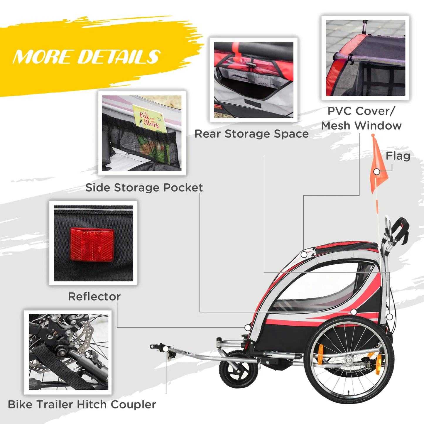 2 Seat Bike Trailer, Double Jogging Stroller, Handbrake, Red Kids Bike Trailers at Gallery Canada