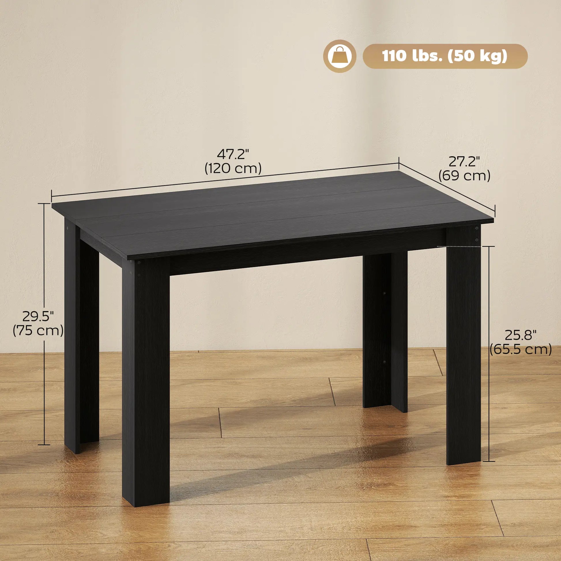 47" Kitchen Table for 4-6 People, Wood Effect, Black Dining Tables at Gallery Canada