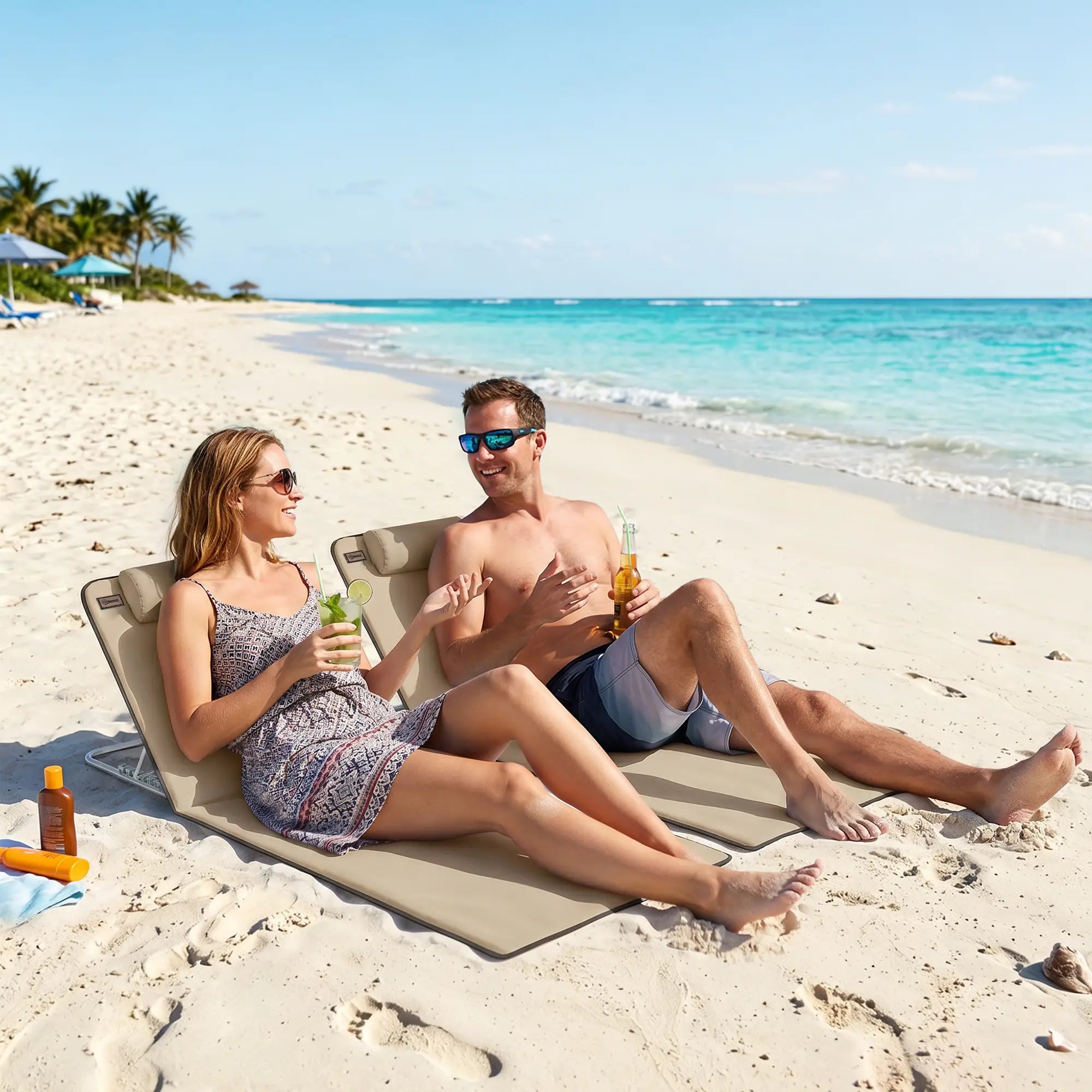 Beach Lounge Chair Set, 2 Pieces, Folding Chaise, Beige Beach Accessories at Gallery Canada