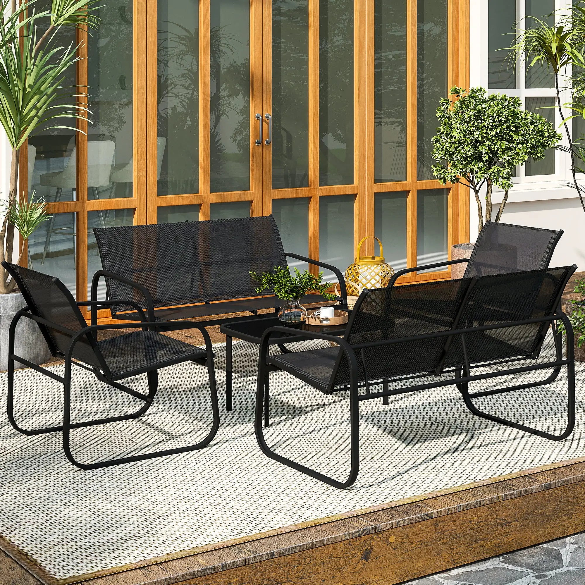4 Piece Patio Furniture Set, 2 Loveseats, 2 Armchairs, Glass Table, Black Patio Furniture Sets at Gallery Canada