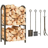 Support à bois de chauffage à 2 niveaux avec 4 outils, capacité de 220 livres, brun café