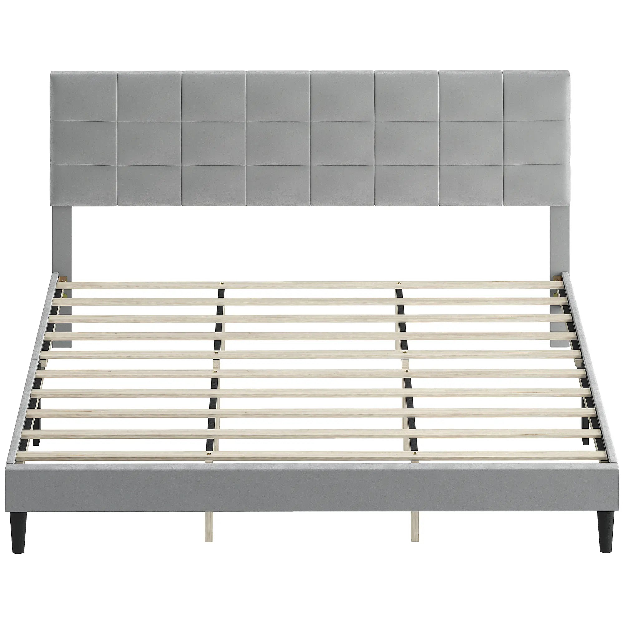 King Size Bed Frame, Upholstered Headboard, Wood Slats, 1100 lbs, Grey Bed Frames Grey at Gallery Canada