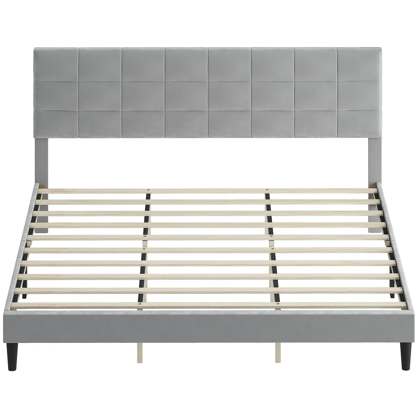 King Size Bed Frame, Upholstered Headboard, Wood Slats, 1100 lbs, Grey Bed Frames Grey at Gallery Canada