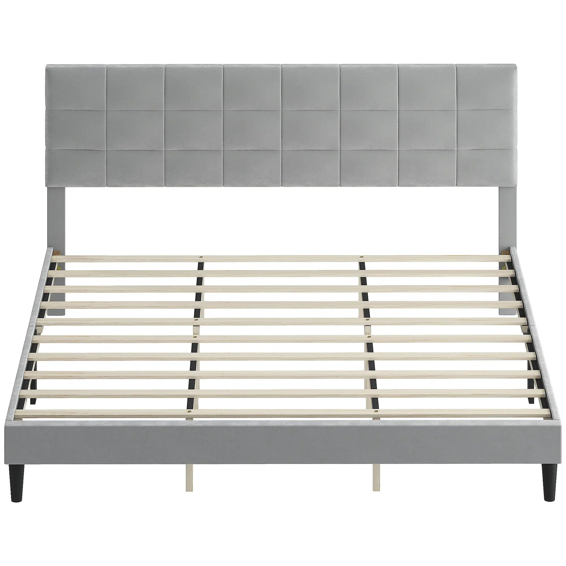King Size Bed Frame, Upholstered Headboard, Wood Slats, 1100 lbs, Grey Bed Frames Grey at Gallery Canada